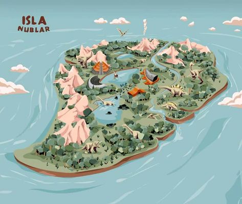 Isla Nublar - Jurassic Park Island Map With Dinosaurs - Hollywood Movie Poster by Movie Posters | Buy Posters, Frames, Canvas & Digital Art Prints | Small, Compact, Medium and Large Variants Watercolor Illustration Tutorial, John Hammond, Cheetah Art, Dinosaur Island, Isla Nublar, Island Map, Large Framed Prints, Illustration Agency, Buy Posters