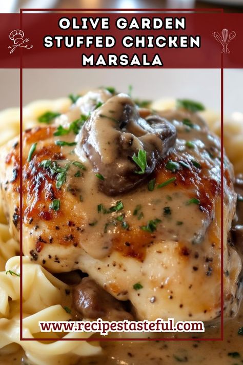 This Olive Garden-inspired Stuffed Chicken Marsala features tender chicken breasts filled with a rich blend of cheeses and sun-dried tomatoes, all topped with a savory mushroom Marsala sauce. Perfect for a special dinner or a family gathering, this dish is sure to impress. Olive Garden Chicken Marsala Recipe, Stuffed Chicken Marsala, Mushroom Marsala Sauce, Mushroom Stuffed Chicken Breast, Mushroom Marsala, Marsala Sauce, Olive Garden Recipes, Marsala Chicken Recipes, Chicken Marsala