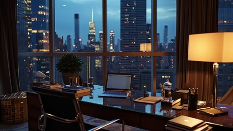 Skyline Splendor - Indulging in luxury with a mesmerizing view of the city skyline from my hotel room. A stylish desk setup with a MacBook. #SkylineSplendor #LuxuryLiving #CityscapeChic" Nyc Penthouse Aesthetic, Room Desine, City Apartment Decor, Dream Penthouse, Classy Apartment, Night Wallpapers, Penthouse Aesthetic, Penthouse Bedroom, Canada Life