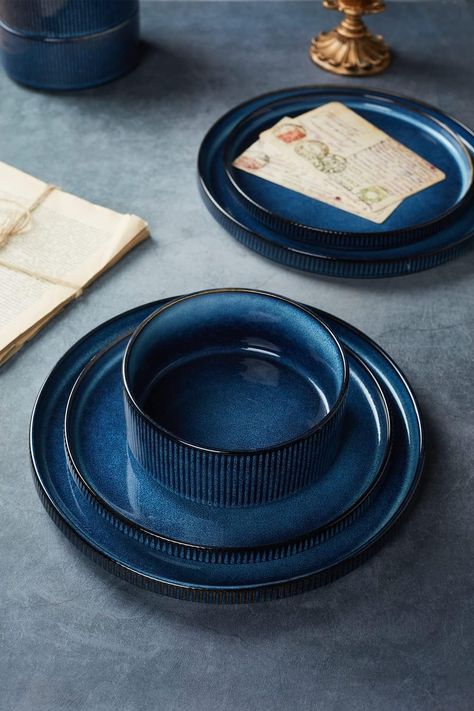 Amazon.com | Famiware Star Dinnerware Sets, Plates and Bowls Set for 4, 12 Piece Dish Set, Ribbed, Nebulas Blue: Dinnerware Sets Dish Sets Dinnerware, Dishware Sets, 10 Dinner, Plates And Bowls Set, Cute Furniture, Stoneware Dinnerware Sets, Four People, Stoneware Dinnerware, Reactive Glaze