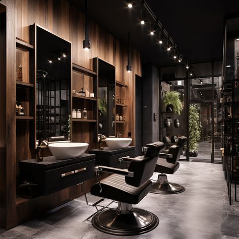 Luxury meets masculinity in this stunning barber studio design. The rich wood accents paired with sleek black tones create a space that's both sophisticated and inviting. Perfect for the modern gentleman who values style and comfort. ✂️✨ Would you enjoy getting a fresh cut in a space like this? Let me know your thoughts below! #BarberShopDesign #LuxuryInteriors #MasculineDesign #WoodAndBlack #ModernGentleman #InteriorDesignInspo #SophisticatedSpaces #BarberLife #DesignGoals #BoldInteriors #I... Barber Shop Interior Design, Luxury Salon Interior Design, Luxury Barbershop, Modern Barbershop, Barber Shop Design, Modern Barber Shop, Barbershop Design Interior, Barber Shop Interior, Barbershop Design