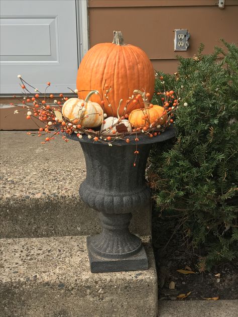 Fall planter with pumpkins Fall Urn, Fall Container Plants, Fall Pots, Brand Hoodies, Fall Container Gardens, Fall Pumpkin Decor, Fall Containers, Fall Planters, Fall Front Porch Decor