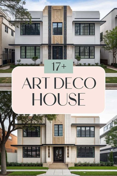 17 Breathtaking Art Deco Houses to Inspire Your Dream Home  Explore stunning Art Deco houses that spark creativity for your dream home. These architectural gems feature bold colors geometric patterns and elegant details. Imagine living in a space filled with vintage charm and artistic flair. Let these unique designs inspire your own cozy oasis. Perfect for fans of architecture and interior design! https://fabricerie.com/art-deco-house Art Deco Patio Ideas, Art Moderne Architecture, Art Deco Garden Design, Art Deco Houses Interior, Great Gatsby Interior Design, Art Deco Exterior Home, Art Deco Interior Design Modern, Art Deco Buildings Architecture, Art Deco House Exterior