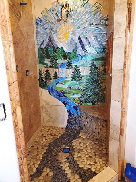 Custom Mosaics by Lily Russo Diy Mosaic Shower Wall, Bathroom Mosaic Tile Ideas Wall, Mosaic Bathroom Ideas, Goddess House, Lavish Houses, Bathroom Mosaic Wall, Mosaic Art Inspiration, Mosaic Sign, House Mosaic