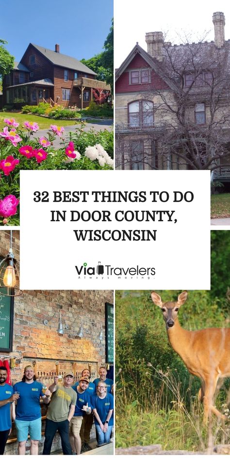 "Collage of attractions in Door County, Wisconsin, including historic houses, gardens, a brewery, and a deer." Door County Wisconsin, Florida Springs, Wisconsin Travel, Local Shops, Us Travel Destinations, In Door, Places In The World, Door County, Global Travel