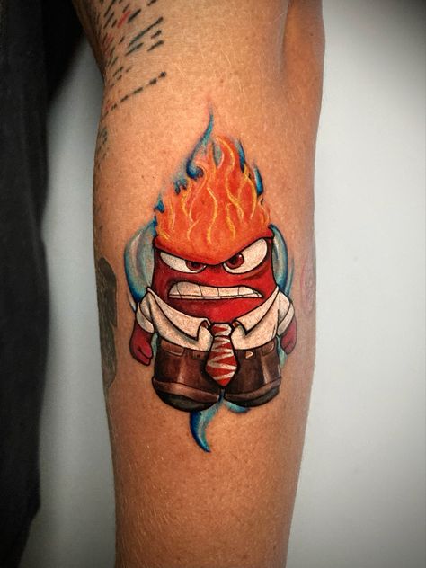 Inside Out Tattoo Pixar, Tattoo Anger, Inside Out Tattoo Disney, Inside Out Tattoo, Minion Tattoo, Tattoos Cartoon, Foo Dog Tattoo Design, Tattoo Ink Colors, Disney Sleeve Tattoos