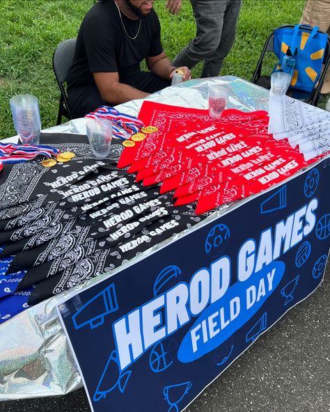 Adult field day for my birthday! I made custom bandanas and printed a banner! 2nd annual Herod Games! Field Day Decor, Field Day Adults, Family Olympic Games Outdoor, Field Day Games For Adults, Field Day Birthday Party, Adult Field Day, Feild Day, Cousins Day, Hosting Era