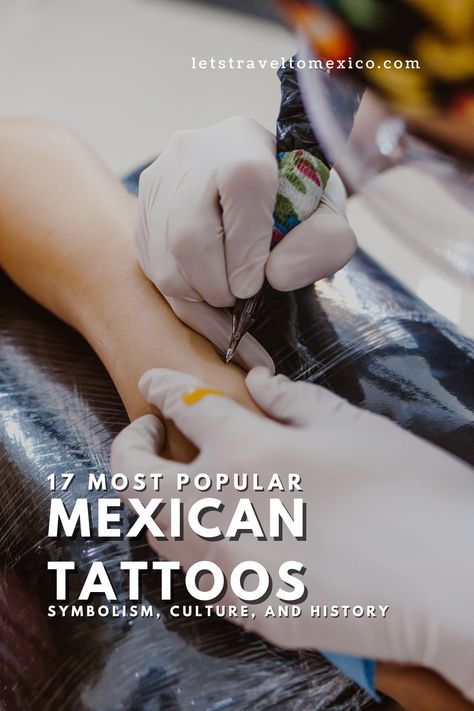 An artist showing the process of making a tattoo. Mexico Culture Tattoo, Mexican Symbols And Meaning, Mexican History Tattoos, Mexican Western Tattoo, Cute Mexican Tattoo Ideas, Spain Tattoos For Women, Mexican Saying Tattoos, Cenote Tattoo, Tattoos To Get In Mexico