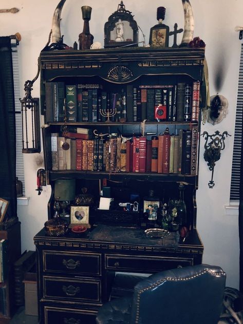 Void Goddess, Bookshelf Altar, Apothecary Bedroom, Gothic Bookshelves, Witchy Room Aesthetic, Speakeasy Theme, Dark Academia Interior, Gothic Library, Apothecary Decor