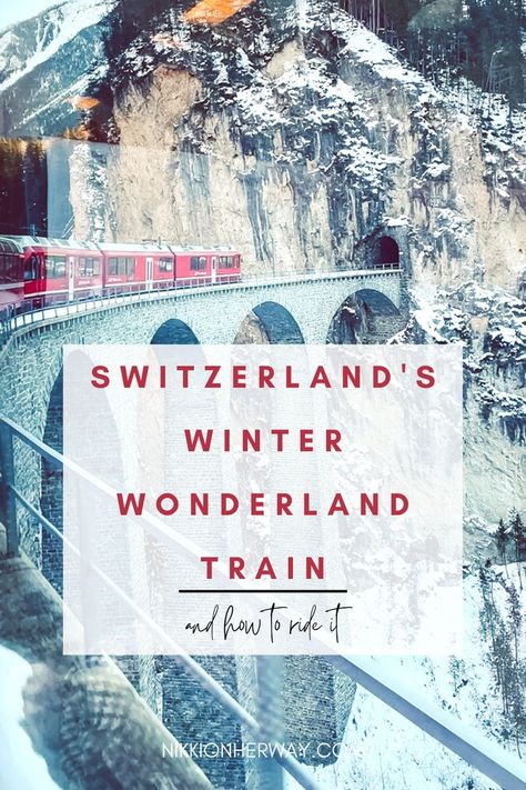 red train in Switzerland mountains on viaduct. Swiss Alps Winter, Switzerland Travel Winter, Things To Do In Switzerland, Switzerland In Winter, Europe Winter Travel, Bernina Express, Europe Train, Holiday Train, Winter Activity