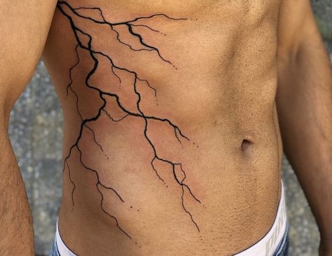 Back Of Tricep Tattoo Men, Lightning Tattoos, Tattoos Torso, Blitz Tattoo, Rib Tattoos For Guys, Lightning Tattoo, Bolt Tattoo, Cage Tattoos, Small Chest Tattoos