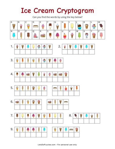 Ice Cream Cryptogram | Printable Puzzle for Kids Puzzles For Middle Schoolers, Ice Cream Puzzle Free Printable, Math Crossword Puzzles Free Printable, Cryptograms For Kids Free Printable, Code Breakers For Kids, Cryptograms Free Printable, Math Ice Breakers, Puzzle Activities For Kids, Ice Cream Worksheet