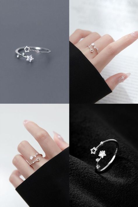 Elegant Hollow Stars Diamond Pentagram Open Adjustable Ring Promise Ring For Women 925 Sterling Silver Ring Pretty Rings Silver, Girly Rings, Animal Rings Jewelry, Cute Promise Rings, Elegance Fashion, Pretty Jewelry Necklaces, Silver Ring Designs, Fancy Jewellery Designs, Stylish Rings