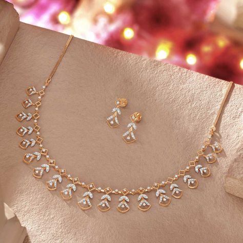 These necklaces will make you look stunning. Our iconic diamond necklace collections have intricate handcrafted designs. Light Gold Sets Jewelry Indian Design, Latest Model Gold Necklace, Small Diamonds Necklace, Fancy Necklace Gold, Simple Indian Necklace, Diamond Necklace Set Indian With Price, Diamond Simple Necklace, Simple Jewellery Design, Diamond Necklace Set Simple