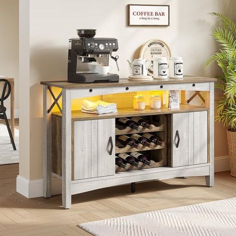 Wood Buffet Sideboard Bar Cabinet with Removable Wine Rack and LED Light - Bed Bath & Beyond - 36354530 White Bar Cabinet, Liquor Bar Cabinet, Bar Cabinet Design, Sideboard Bar Cabinet, Coffee Cabinet, Coffee Bar Cabinet, Elegant Bar, Bed With Led Lights, Liquor Bar