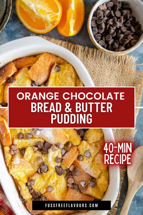 Make the best Orange Chocolate Bread and Butter Pudding in just 40 minutes with this simple recipe. You'll get a rich and rich dessert pudding that makes a big impression on everyone who tastes it. Orange Bread Pudding, Brioche Bread And Butter Pudding, Bread And Butter Pudding Recipe, Pudding Desserts Recipes, Chocolate Brioche, Orange And Chocolate, Bread Pudding Easy, Hot Desserts, Decorating Desserts