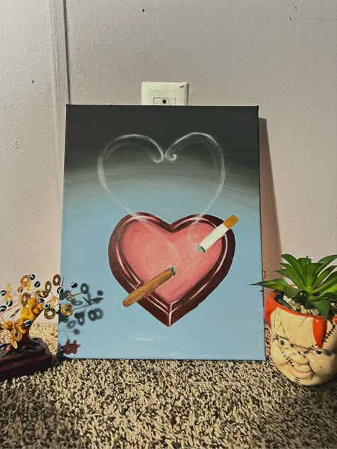 Acrylic Painting Ideas Square Canvas, Trippy Heart Painting, Canvas Painting Ideas For Smokers, Small Canvas Paintings Ideas, Painting Ideas On Canvas For Bathroom, Small Canvas Ideas Aesthetic, Simple Gothic Painting Ideas, Canvas Painting Inspo Aesthetic, Romantic Easy Paintings