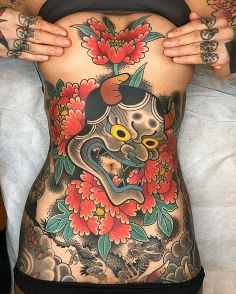 Women Sternum Tattoo, Oni Masks, Lower Stomach Tattoos, Lady Warrior, Japanese Back Tattoo, Space Tattoos, Stomach Tattoo, Belly Tattoos, Torso Tattoos