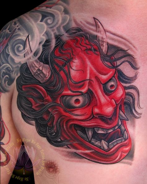 tattoo by James Kern Hannya Maske Tattoo, Hannya Maske, Japanese Mask Tattoo, Fear Tattoo, Tato Flash, Oni Mask Tattoo, Oni Tattoo, Hannya Mask Tattoo, Demon Tattoo