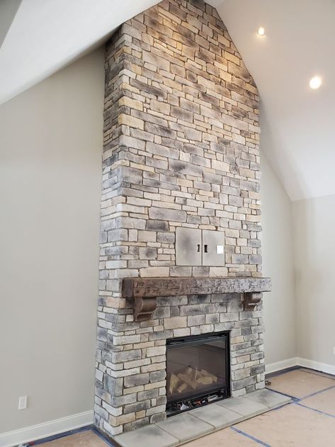 Tall Ceiling Decor, Fireplace Ledge, Fireplace Addition, Ledge Stone Fireplace, Brick Home Remodel, Stone Fireplace Mantle, Faux Fireplace Mantel, Tv Hanging, Stone Siding Exterior