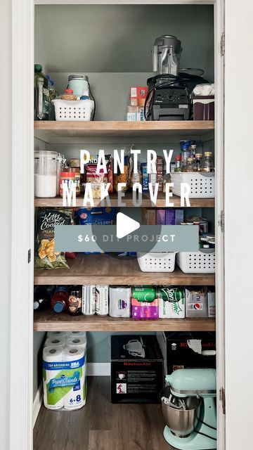 Amanda Vernaci | Come Stay Awhile on Instagram: "Our pantry was in desperate need of a makeover and for $60 I turned it into ✨ this ✨ . Sure, I could of gotten fancy clear containers to impress you BUT if I’m real… that just isn’t us. We will be lucky if we can keep it this clean for more than a few days 😂  . Materials: - 1 sheet of 1/2in sanded plywood - 2 1x2 pine - stain - paint . Easy peasy weekend project idea! What do you think?! So glad I decided to paint the ceiling! . . #pantryorganization #pantry #pantrygoals #pantrymakeover #homeorganization #diyhomeprojects #diyhome #diyhomeimprovement #ispyraddesign #floatingshelves #diyshelves #pantrystorage #organizationideas #homehacks #budgetfriendly" Pantry Shelving Paint Ideas, Food Pantry Makeover, Pantry Cupboard Ideas Kitchen Organization Small Spaces, Small Hallway Pantry, Wardrobe Turned Into Pantry, Pantry Paint Color Ideas, Update Small Pantry Closet, Pantry Basket Ideas, Pantry Painting Ideas