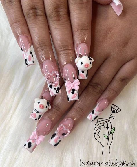 Kawaii Nails Acrylic Coffin, Cute Kawaii Nails Acrylic, Cow Inspired Nails, Charm Nails Y2k, Kawaii Nails Long, Kawaii Nails With Charms, Kawaii Charm Nails, Nails With Charms Y2k, Cow Nails Acrylic