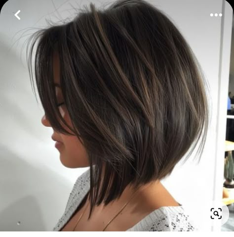 Short Slanted Bob Haircut, Short Length Bob With Layers, Vertical Bob Haircut, Subtle Stacked Bob, Straight Hair Highlights Black, Inverted Lob With Curtain Bangs, Brunette Medium Bob, Highlight Bob Hair, Bob Haircut Asian Hair