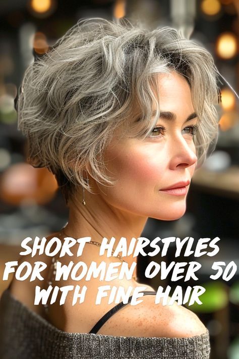 The Wavy Pixie with Long Layers hairstyle is incredibly versatile for hair! This short hairstyle enhances volume and texture which gives the illusion of styled hair. Save this for your next short hairstyle inspiration for women over 50 with fine hair! Styles For Grey Hair Over 50, Fine Grey Hair Styles, Short Hair For Fine Hair Over 50, Short Bobs For Older Women, Short Hairstyles For Women Over 50 With Fine Wavy Hair, Short Pixie Bobs For Fine Hair, Short Curly Fine Hair Over 50, Short Wavy Layered Bob, Short Haircuts For Fine Curly Hair