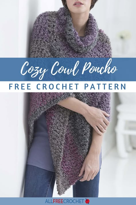 You're going to love this wonderfully comfy cowl neck poncho crochet pattern free from Lion Brand! Crochet Patterns Free Shawl Poncho Cowl Neck, Cowl Neck Poncho Crochet Free Pattern, Crochet Poncho Free Pattern Bulky Yarn, Free Poncho Crochet Pattern, Crochet Ponchos Free Patterns, Poncho Crochet Pattern Free, Free Crochet Poncho Patterns, Crochet Poncho Patterns Easy, Poncho Crochet Pattern