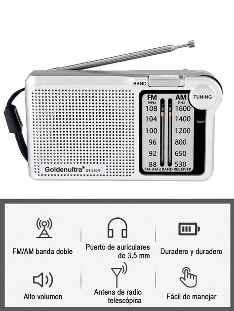 Llévese la música y la información allá donde vaya con la minirradio portátil FM/AM, una compañera compacta y versátil para cada momento.  Características esenciales:  Radio AM y FM: Sintoniza tus emisoras de radio AM y FM favoritas con una recepción de alta calidad para disfrutar de tus programas y música favoritos. Antena telescópica: Garantiza una señal fuerte y clara para que puedas disfrutar de tu música y programas favoritos sin interrupciones. Altavoz integrado: Disfruta de un sonido claro y agradable, ideal para escuchar música en cualquier lugar. Conector para auriculares: Escuche su música en privado y sin molestar a los demás. Diseño compacto y ligero: llévese la radio a todas partes con facilidad, ocupando poco espacio en su bolso o mochila. Funciona con pilas: utilice la radio Portable Audio, Audio Video, Radios, Electronics