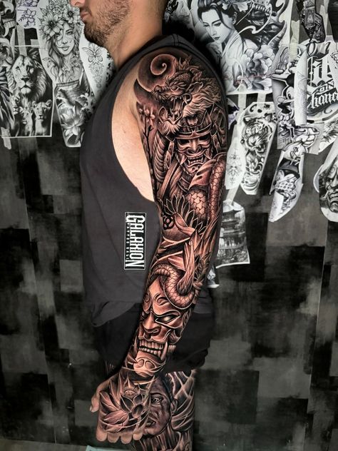 Japanese Mask Tattoo Sleeve, Hannya Mask Sleeve Tattoo, Full Sleeve Tattoos For Guys Japanese, Japanese Samurai Tattoo Sleeve For Men, Hannya Mask Sleeve, Samurai Leg Sleeve, Dragon Full Sleeve Tattoo Design, Samurai Arm Tattoo, Dragon Leg Sleeve Tattoo