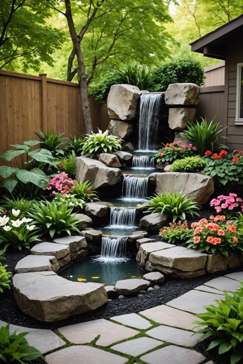 20 Small Garden Waterfall Ideas – ToolzView Backyard Water Fountain Ideas, Waterfall Koi Pond, Front Yard Waterfall, Waterfall Garden Ideas, Waterfall In Garden, Yard Waterfall, Water Feature Outdoor, Small Water Feature, Home Waterfall