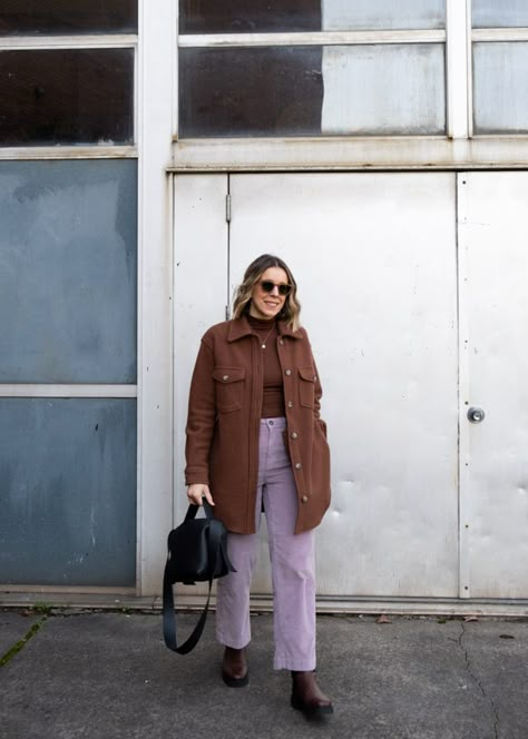 Lavender Street Style, Lilac Corduroy Pants Outfit, Lilac Brown Outfit, Lavender Jeans Outfit Color Combos, Lavender Fashion Aesthetic, Lavender Pants Outfit Winter, Purple Corduroy Jacket Outfit, Lilac Wide Leg Pants Outfit, Outfit With Purple Pants