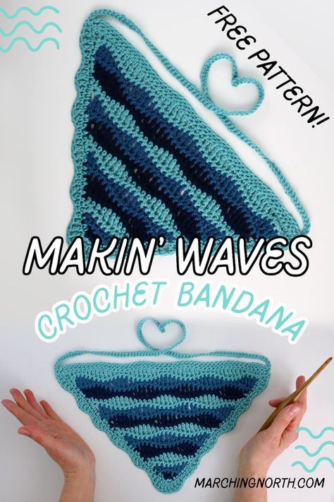 Learn how to make the "Makin' Waves" Crochet bandana with this free pattern and step by step video tutorial!  It's the perfect crochet project for summer! Crochet Leaf Bandana, Crocheted Bandana Free Pattern, Crochet Clothes Videos, Cool Crochet Scarf, Beach Crochet Ideas, Free Crochet Bandana Pattern, Bandana Crochet Pattern Free, Crocheted Bandanas, Crochet Pattern Bandana