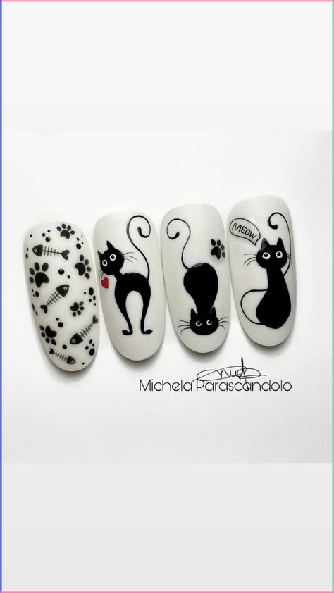 Black cats are a Halloween staple, and this nail design captures their mysterious charm perfectly. Paint a few sleek black cats on your nails, and you’ll have a classic look that’s both cute and spooky. Black Cat Nails, Spider Webs Halloween, Easy Halloween Nails, Nails For Beginners, Cat Nail Designs, Acrylic Christmas Nails, Cartoon Nail Designs, Animal Nail Designs, Cat Nail Art