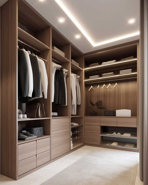 10+ Stunning Wardrobe Interior Designs for Your Bedroom Makeover • 333+ Images • [ArtFacade] Walk In U Shaped Closet, Inside Design Of Wardrobe, Wood Dressing Room, Walk In Closet Cabinet Ideas, U Shaped Closet Walk In, Walk In Closet Wood, Kids Closet, Dark Wood Wardrobe Bedroom, Walk In Closet Ideas Dark Wood