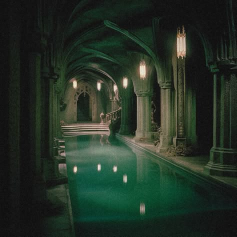 Castle Pool Aesthetic, Medieval Ballroom, Bathhouse Aesthetic, Funky Landscape, Victorian Pool, Underwater Castle, Dark Evil, Dark Castle, Common Room