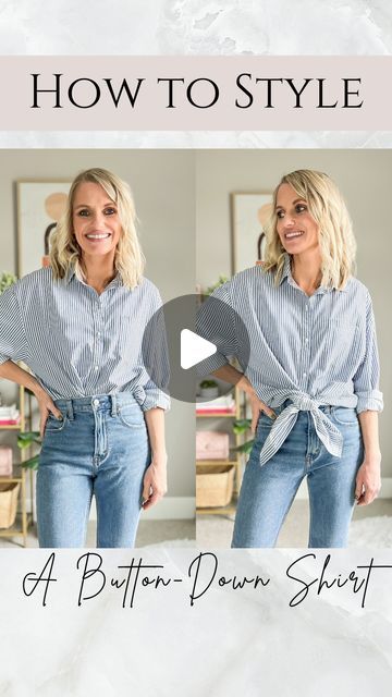 Katie Haller on Instagram: "Style Tip Tuesday!! 

I love button-down shirt, especially in spring. But styling them can be a bit tricky for some. 

Here are 2 ways I like to style my button-down shirts!

Comment LINK and I will send you the shopping details! 

Other ways to shop! 🛍️
• Download the free @shop.ltk app and search thriftywifehappylife for shopping details and sizing! 
• Go to the link page in my bio. Click on the “shop my LTK page” button.

#styletips #buttondownshirt #howtowearit #springstaples #springstyle #stripeshirt #howtostyle" How To Tie My Button Up Shirt, Shirt Tying Hacks Button Up, Tucking In A Button Down Shirt, How To Tie Button Up Shirt, How To Style Black Shirt Women, Tying A Button Up Shirt, Ways To Wear A Button Down Shirt, How To Wear Button Down Shirts Women, How To Style Collared Shirts