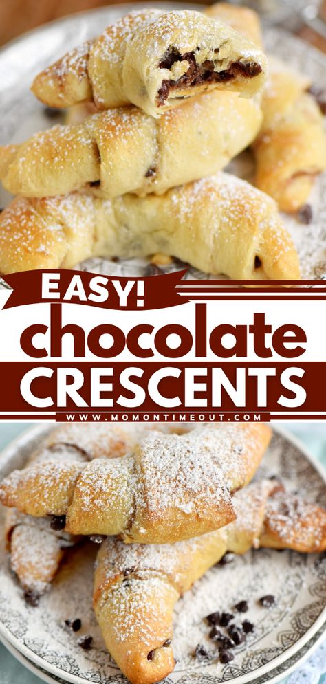 Easy Chocolate Crescents – Just 4 Ingredients! Breakfast Casserole With Croissants, Chocolate Crescents, Crescent Roll Dessert, Easy Crescent Rolls, Crescent Recipes, Pillsbury Recipes, Crescent Roll Recipes, Crescent Rolls, Easy Chocolate