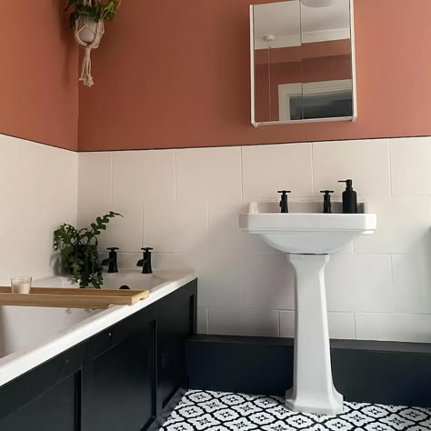 This dull magnolia bathroom was given a bold terracotta makeover | Ideal Home Magnolia Bathroom, Terracotta Bathroom, Painting Bathroom Tiles, Painted Bathroom, Orange Bathrooms, Downstairs Loo, Bathroom Color, Bathroom Inspiration Decor, Budget Bathroom