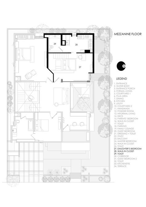 Floating Walls House / Crest Architects | ArchDaily Mezzanine Floor Plan, Home Planing, Cleaning White Walls, Morden House, Floating Architecture, Vastu House, Mezzanine Floor, Outdoor Space Design, New House Design