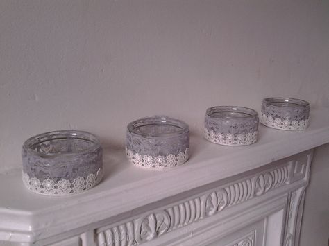 Gü puds jars turned into vintage lace candle holders. Lace Candle Holders, European Christmas, Crafty Christmas, Jar Ideas, Pot Ideas, Christmas Card Crafts, Recycled Projects, Cute Diys, Christmas Market