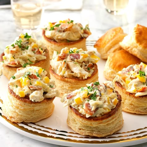 Creamy Chicken Vol-au-Vent Recipe -My friends and I have been getting together for "ladies lunches" for years. These vol-au-vents are the perfect no-fuss fancy food; they look complicated, but are actually simple and fun to make. Whenever I think of good friends and good company, I think of these savory pastries. —Shauna Havey, Roy, Utah French Finger Food, Fancy Appetizers For Party Hors D'oeuvres, Vintage Appetizers, Miniature Appetizers, Easy Hors D’oeuvres, Heavy Hors D’oeuvres, Chicken Vol Au Vent, Luncheon Recipes, Savoury Bites