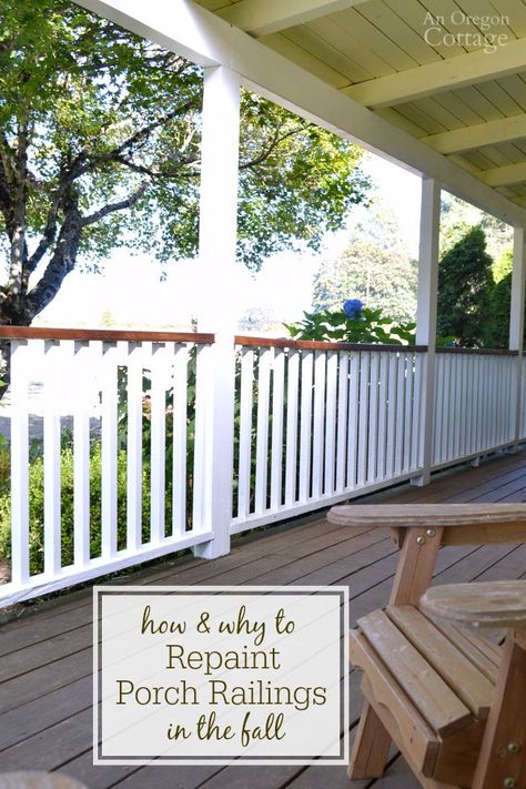 A full tutorial showing how to repaint porch railings and WHY the fall is the best time to paint to minimize future flaking! #painting #porch Front Porch Railings, Porch Kits, White Porch, Porch Paint, Porch Remodel, Building A Porch, Deck Paint, Porch Makeover, Paint White