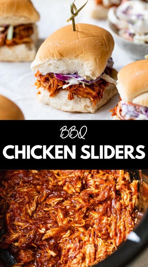 This simple slow cooker BBQ Chicken Sliders recipe features shredded chicken cooked low and slow in barbecue sauce. Each sandwich is topped with homemade creamy coleslaw, making them a perfect snack for the backyard barbecue! Bbq Chicken Sliders Crockpot Easy, Shredded Barbecue Chicken Crock Pots, Barbeque Pulled Chicken Crockpot, Shredded Chicken Sliders Crockpot, Crock Bbq Chicken, Meals With Bbq Sauce, Shredded Barbecue Chicken Sandwiches, Slow Cooker Shredded Bbq Chicken, Recipes Using Barbecue Sauce