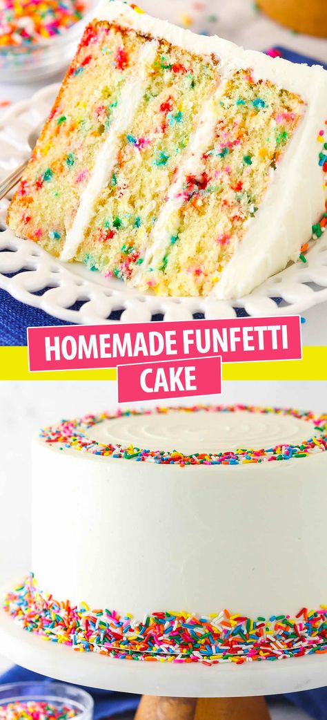 This Funfetti cake is made up of three layers of moist, buttery vanilla cake packed with colorful rainbow sprinkles. It is filled and frosted with a rich, vanilla buttercream and finished off with even more rainbow sprinkles. It practically screams “Party time!”. Funfetti Cake Sallys Baking, Funfetti Tiered Cake, Birthday Cake Flavored Cake, Best Homemade Funfetti Cake, Simple Sprinkle Cake, Birthday Cake With Whipped Cream, Rainbow Cake Sprinkles, Lemon Funfetti Cake, Birthday Confetti Cake