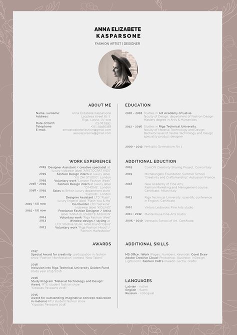 Personal Branding Resume, Fashion Cv Layout, Cv Examples Creative Cv, Artistic Resume Design, Artist Cv Creative Cv, Graphic Cv Design, Fashion Cv Examples, Creative Cvs Design, Fashion Designer Cv Creative Resume