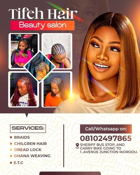 Tifeh hair beauty salon flyer please help me patronize her Hair Poster Design, Beauty Salon Flyer, Hair Poster, Beauty Salon Posters, Hair Beauty Salon, Hair Salon Design, Church Poster Design, Graphic Design Flyer, Flyer Design Inspiration