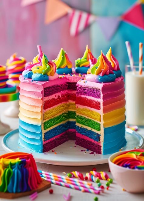 Best Rainbow Cake Recipe, Rainbow Velvet Cake, Festival Theme Birthday Cake, Rainbow Food Party, Color Birthday Theme, Colorful Candy Cake, Bright Birthday Cakes, Rainbow Cake Birthday, Rainbow Party Food