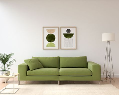 Olive Green Couch, Green Couch Decor, Olive Green Couches, Green Furniture Living Room, Spare Room Decor, Green Couches, Olive Living Rooms, Light Yellow Walls, Green Decor Ideas